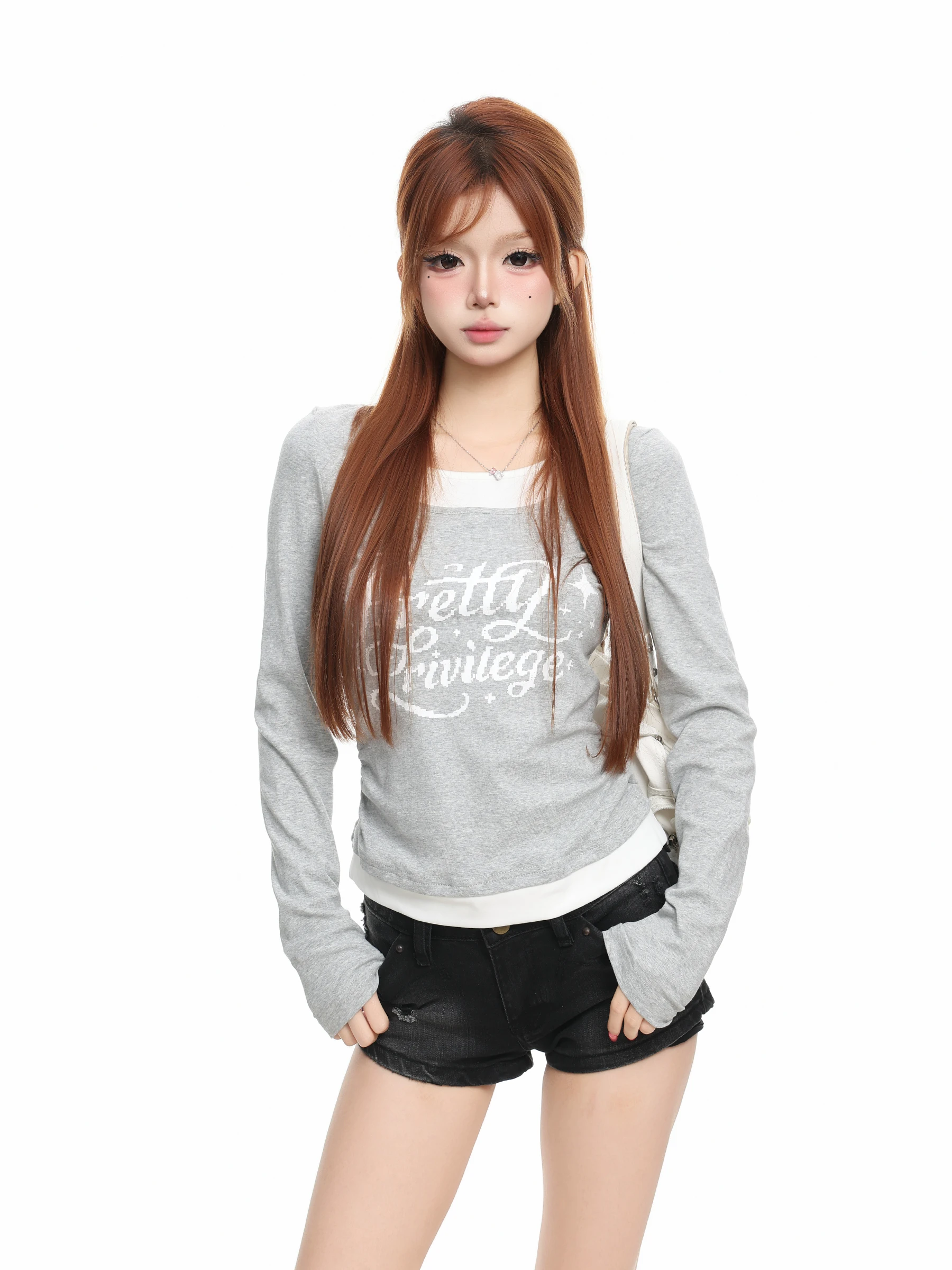 Basterds Spicy Girl Style Long Sleeve Slim Fit Short T-shirt Women's Autumn Y2K Light Asian Style Fake Two-Piece Top
