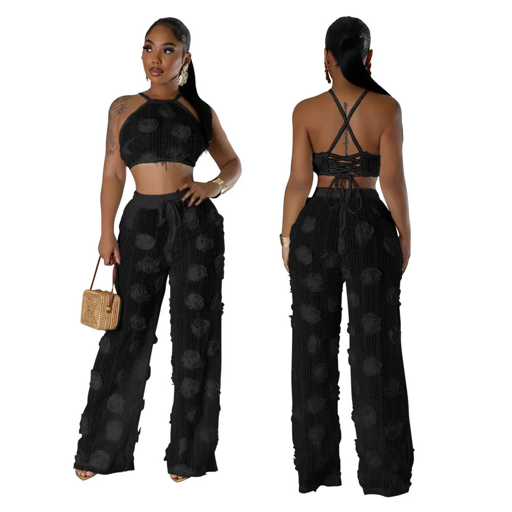 3D Floral Patchwork Women 2 Piece Set Spaghetti Straps Tank Top Wide Leg Pants Matching Set Sexy See Through Beach Bathing Suits