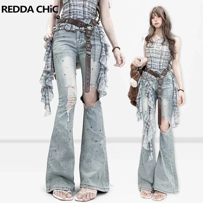

REDDACHiC Destroyed Rhinestone Y2k Jeans Korean Women High Rise Vintage Wash Stars Rivet Flare Denim Pants Going Out Streetwear