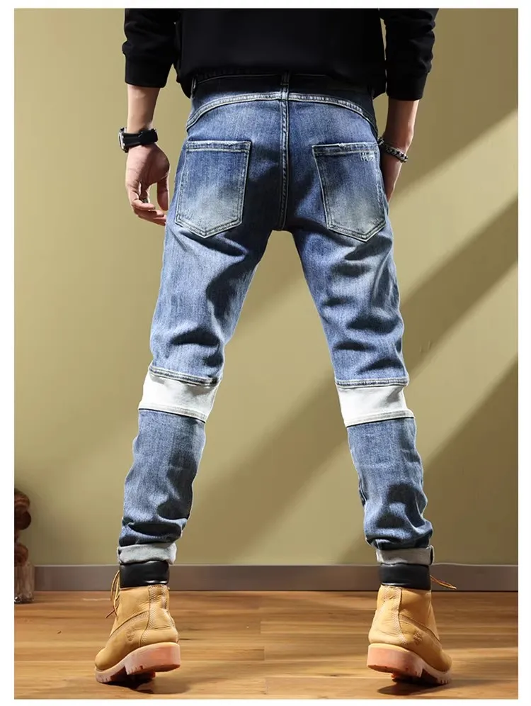 2025 Men's Slim Fit Denim Pants Washed Retro Style Motorcycle Multi Pocket Pants Youth Four Seasons