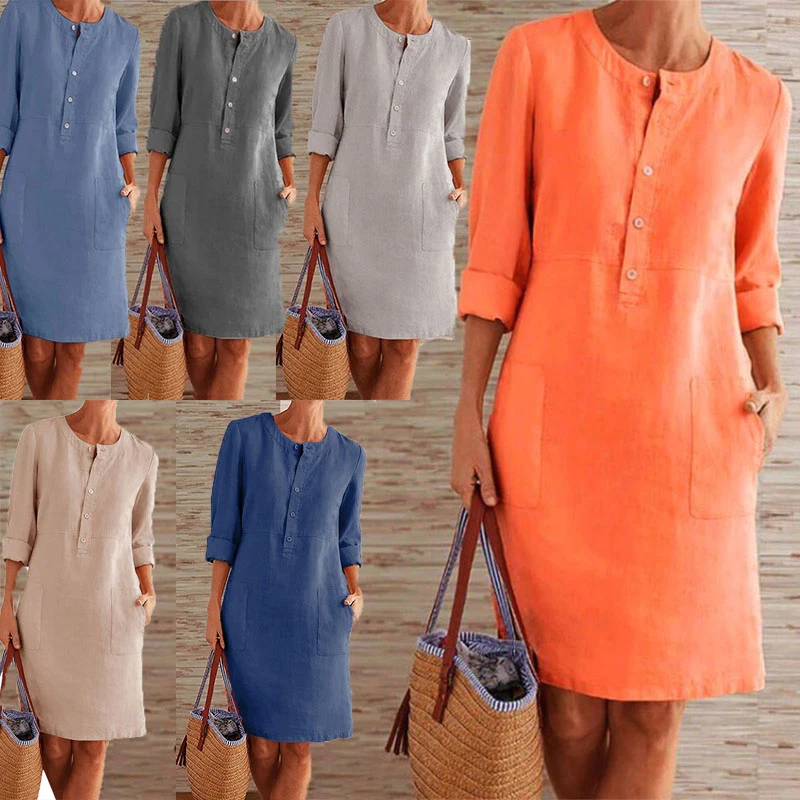 

Женское хлопковое платье макси больших размеров с круглым вырезом, длинными рукавами, свободного кроя, дышащее, осеннее, модное, комфортное, средней длины