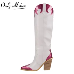 Onlymaker Western Cowboy Boots stivali da donna neri a punta in pelle metallizzata con rifiniture al ginocchio stivali di grandi dimensioni alla moda a metà polpaccio