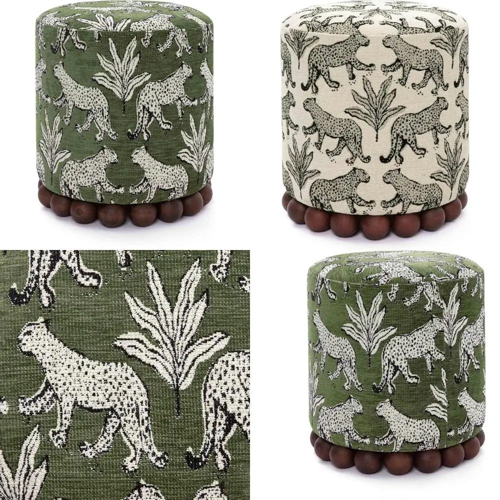 Otomana redonda verde oliva con orbes esféricos de madera maciza - 15,7 ancho x 15,7 profundidad x 18,3 alto