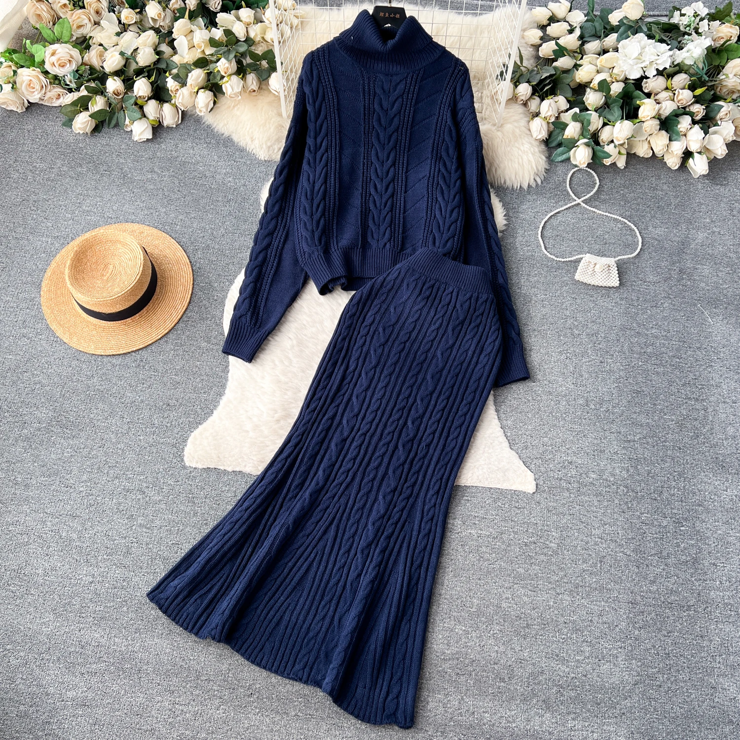 ALPHALMODA 2024 Winter New Turtle Neck Long-sleeved Twisted Sweater + High Waist Mermaid Knit Skirt Women Vintage 2pcs Suit