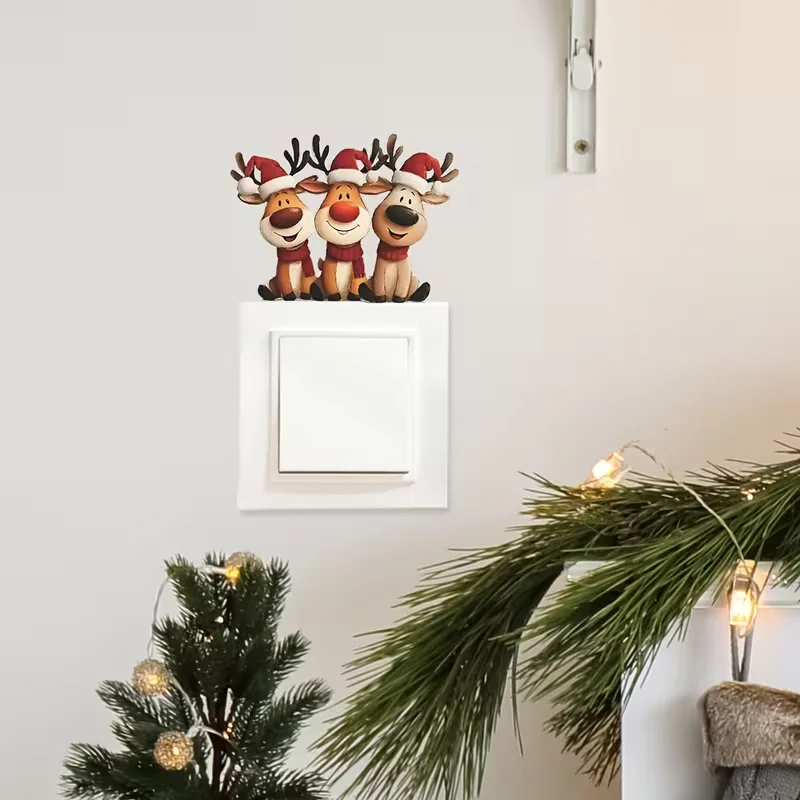 1 piece of reindeer row seat switch sticker with Christmas hat on, PVC self-adhesive, suitable for switch decoration sticker