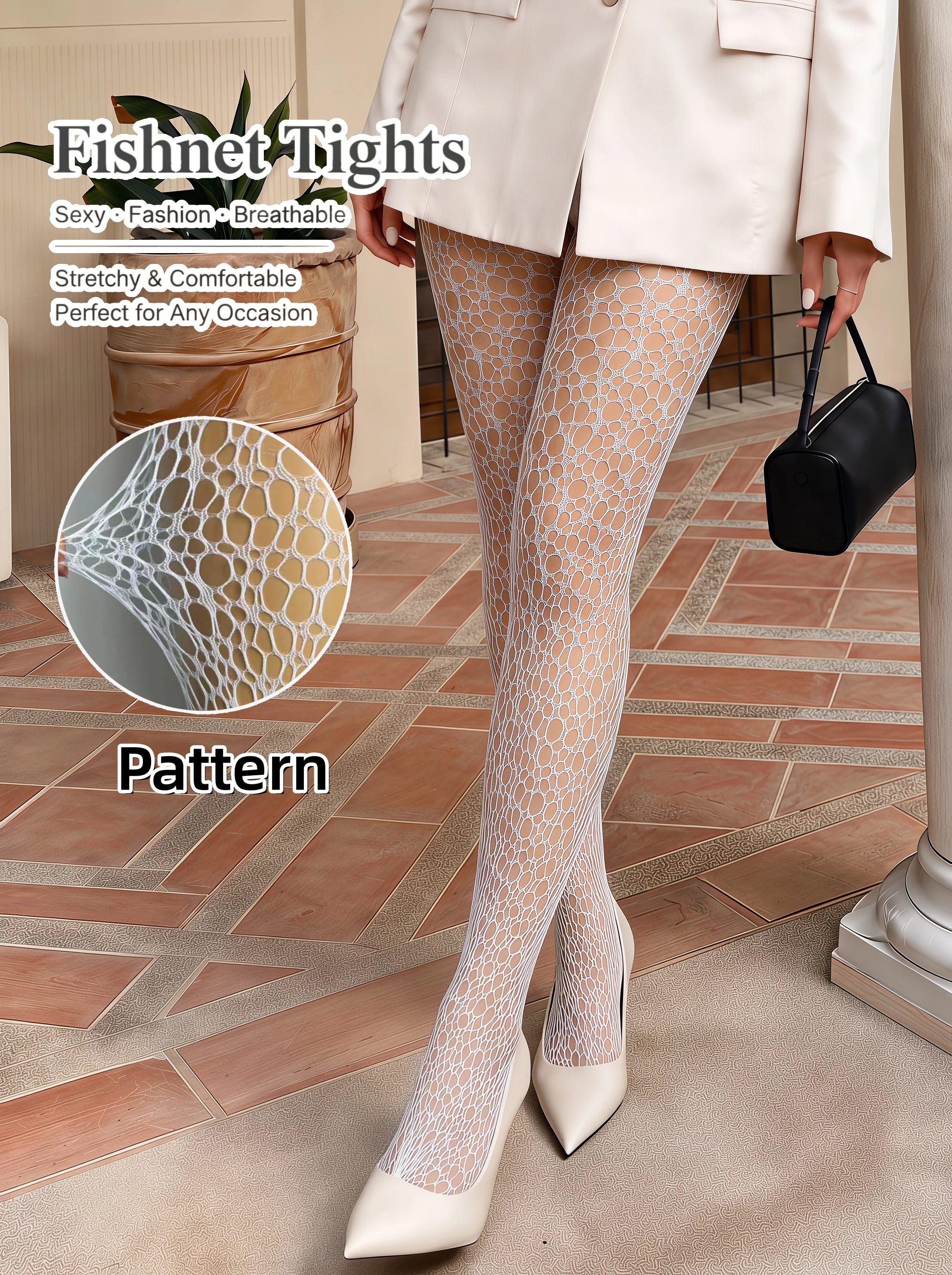1‑Pack Women's White Irregular Hollow Out Fishnet Tights High Stretch Breathable Jacquard Mesh Pantyhose Sexy Versatile Hosiery