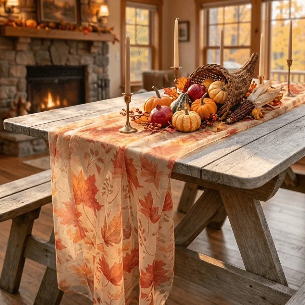 Festive Tulle Maple Leaf Table Runner Sheer Rustic Thanksgiving Tablecloth Decorative Farmhouse Fall Table Decor Table Setting