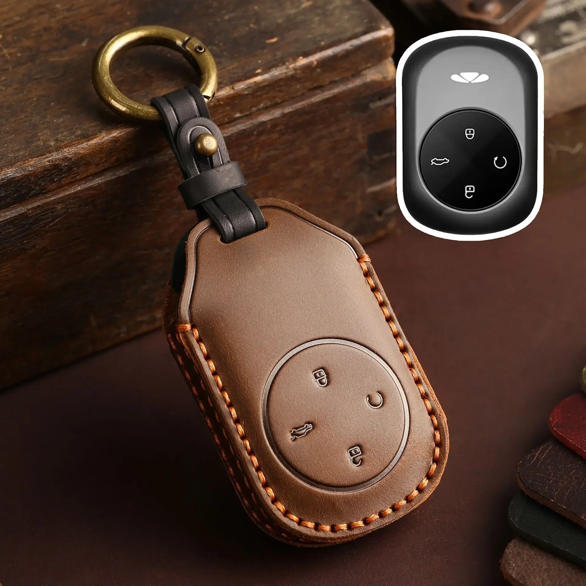 

Leather Key Cover for Chery Fulwin T10 T9 Key Fob, Compatible Full Wrap Protective Case Shell with Metal Keychain