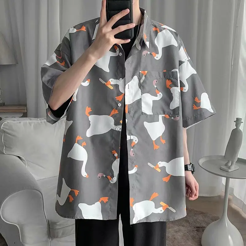 Retro Oil Painting Goose Print Men\'s Short Sleeve Thin Shirt Summer Fashion Casual Loose Square Neck Versatile Top Shirt