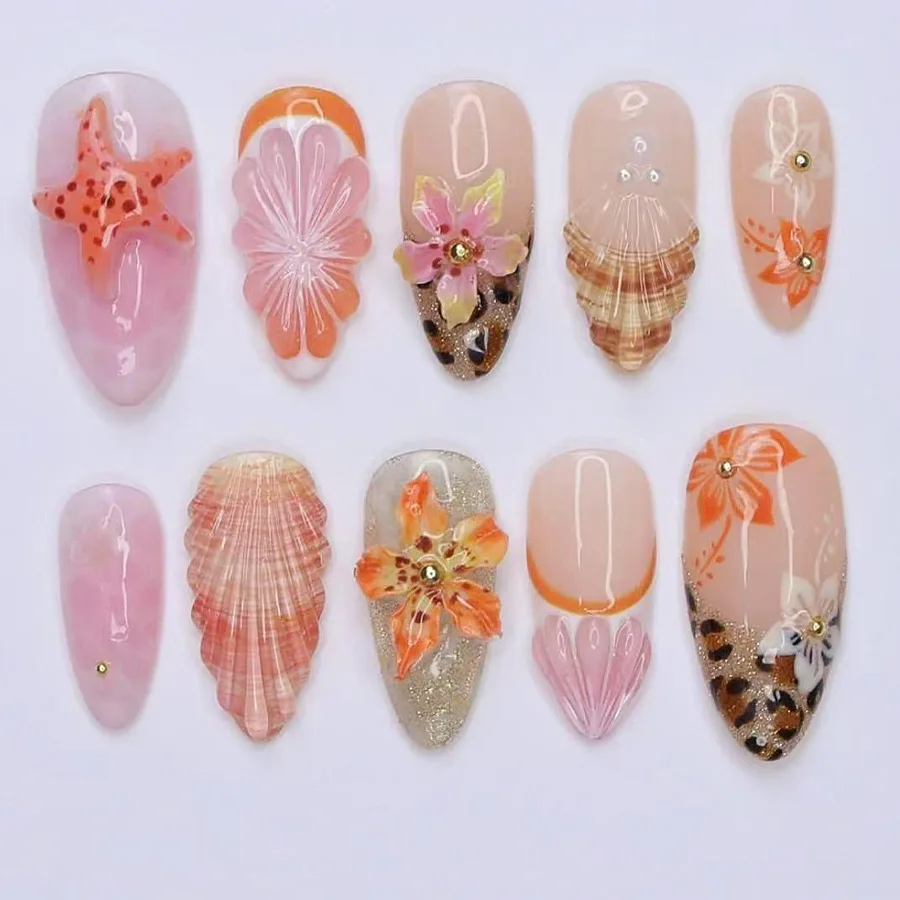 24個入り レオパード柄 シャイニーパウダー フレンチネイル フラワー スターフィッシュ フェイクネイル 付け爪 ミディアムアーモンド型 再利用可能 マニキュアチップ