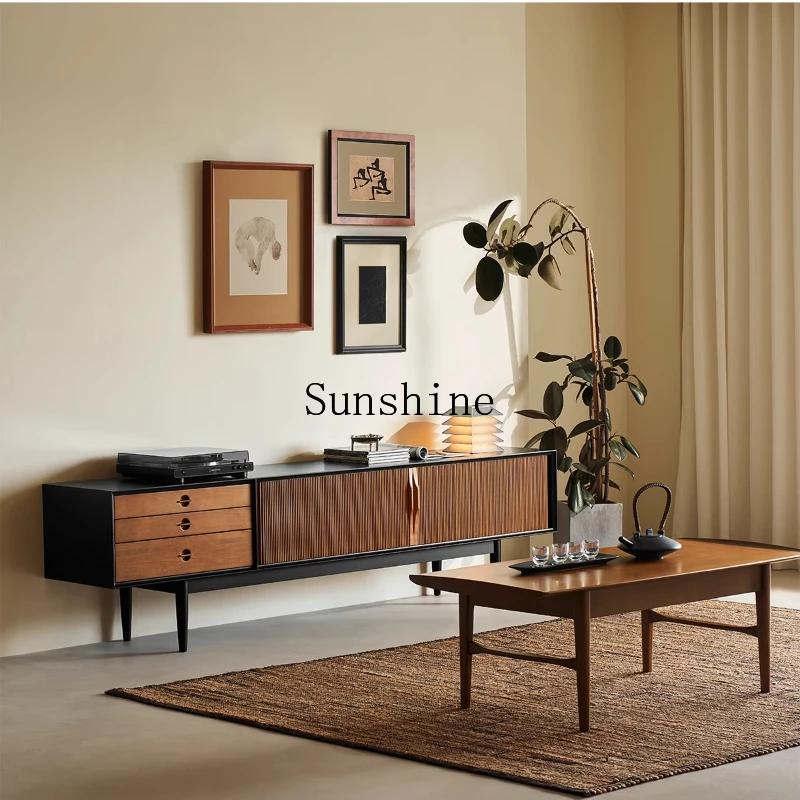 

Black retro solid wood small apartment Nordic simple TV cabinet antique style