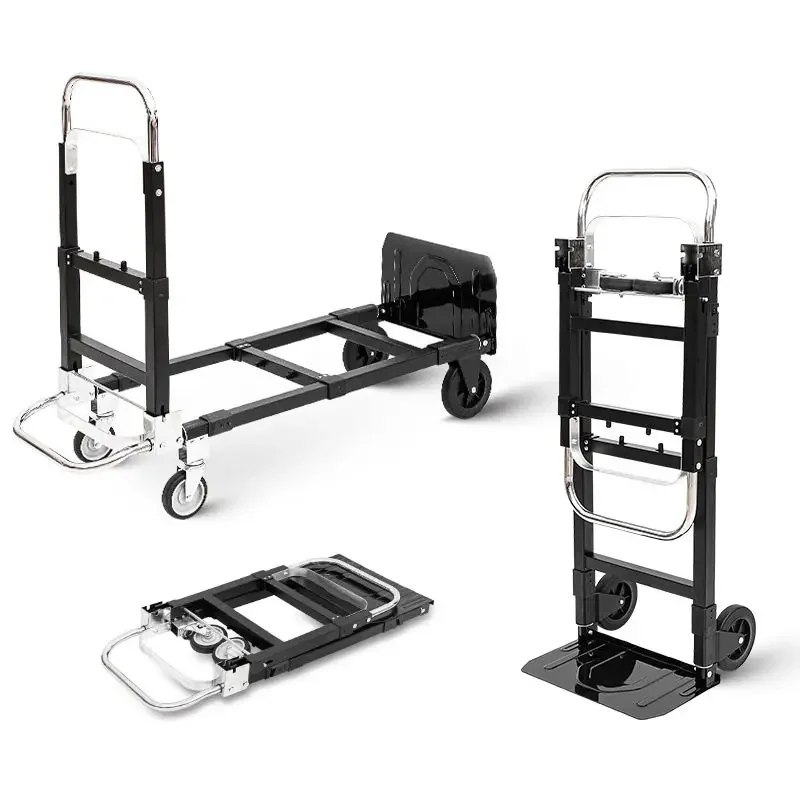 Foldable Hand Trolley, Portable 4 Wheel Flatbed Cart, Galvanized Steel Transport Trolley for Cargo Handling