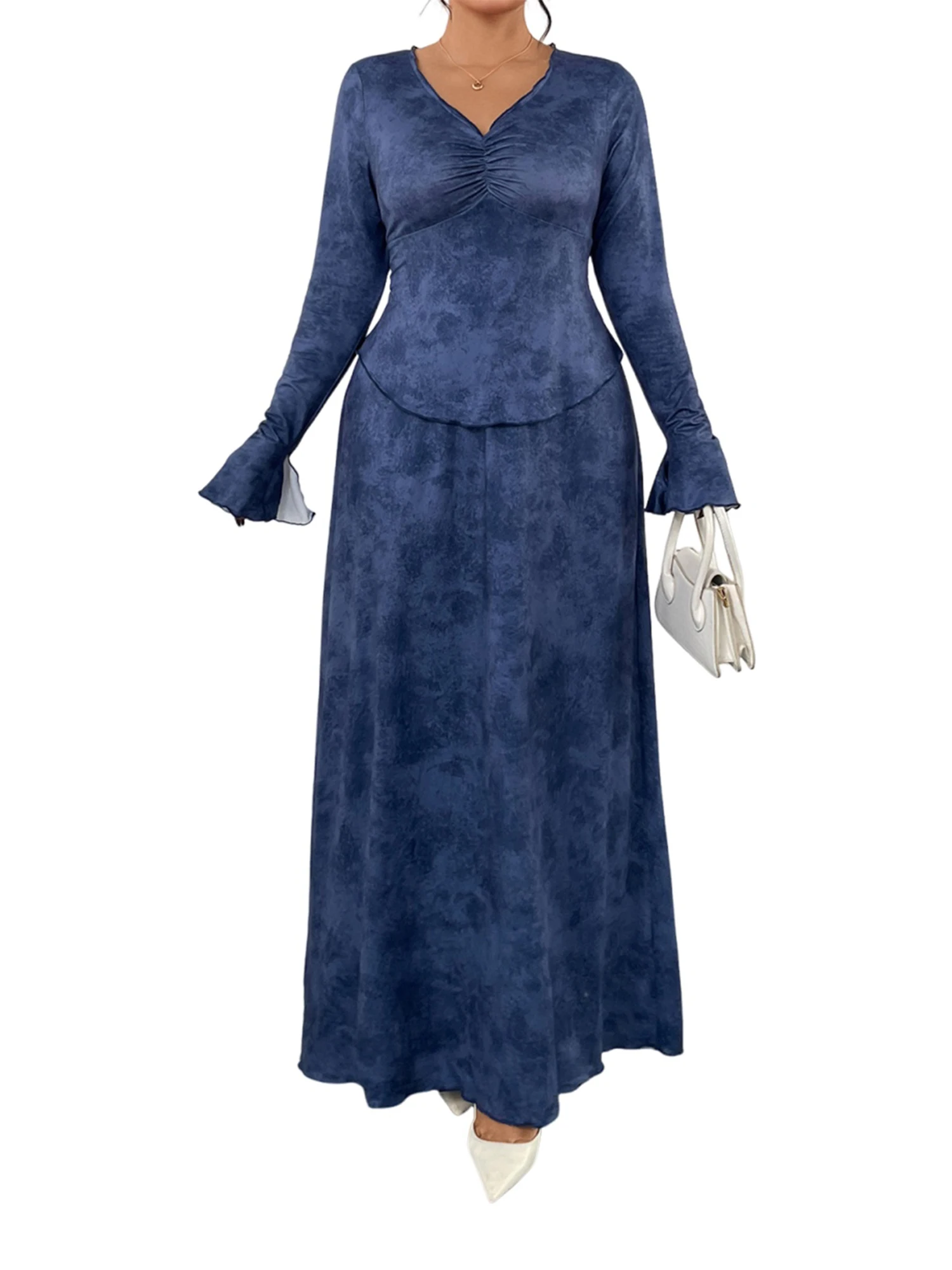 レディース秋服プラスサイズフレア長袖Vネックジャカード柄フィットトップスと伸縮性ウエストロングスカートセット