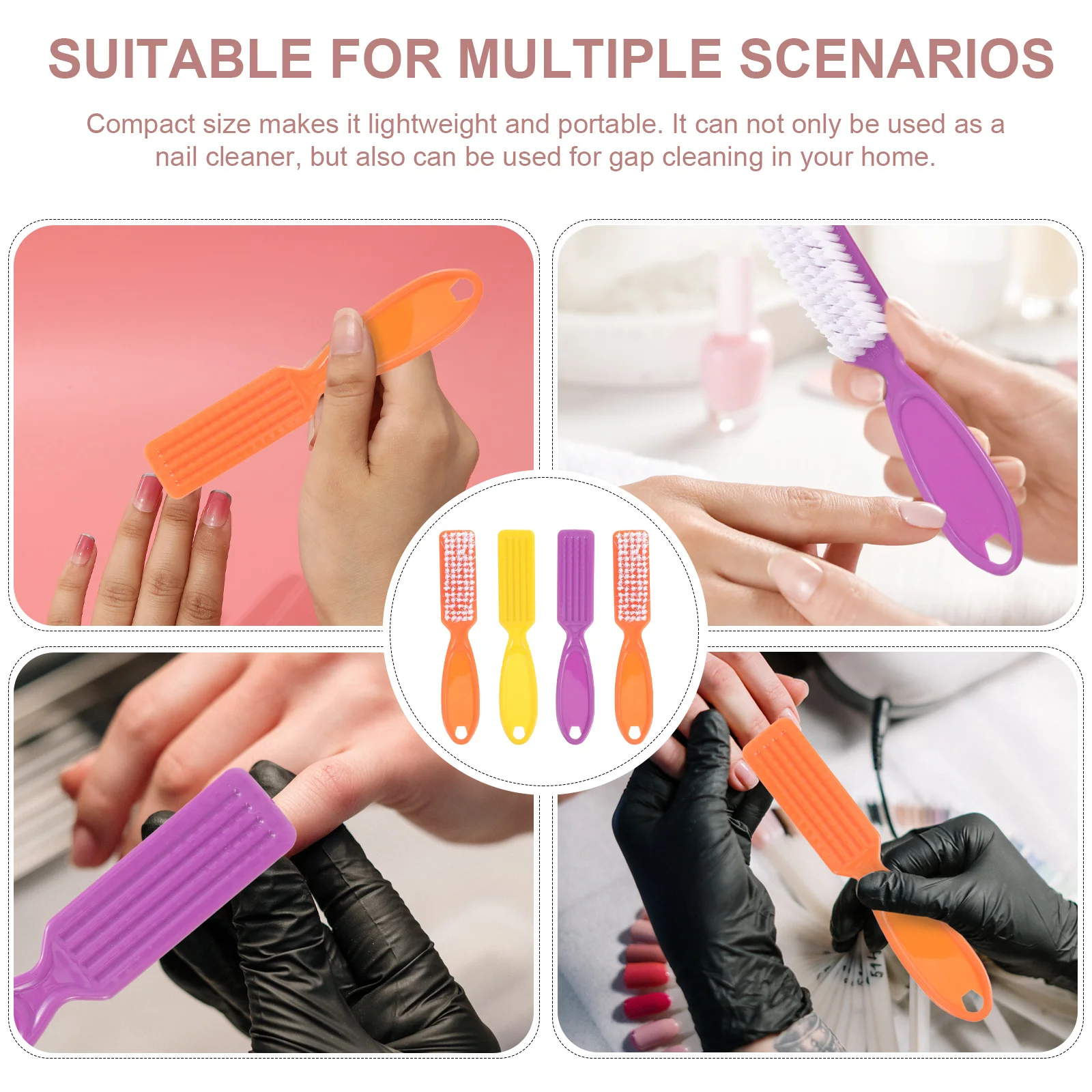 4本セット ネイルクリーニングブラシ プレミアム素材 ロングハンドル コンパクトサイズ 家庭用 旅行用 ランダムパターン ネイルブラシ