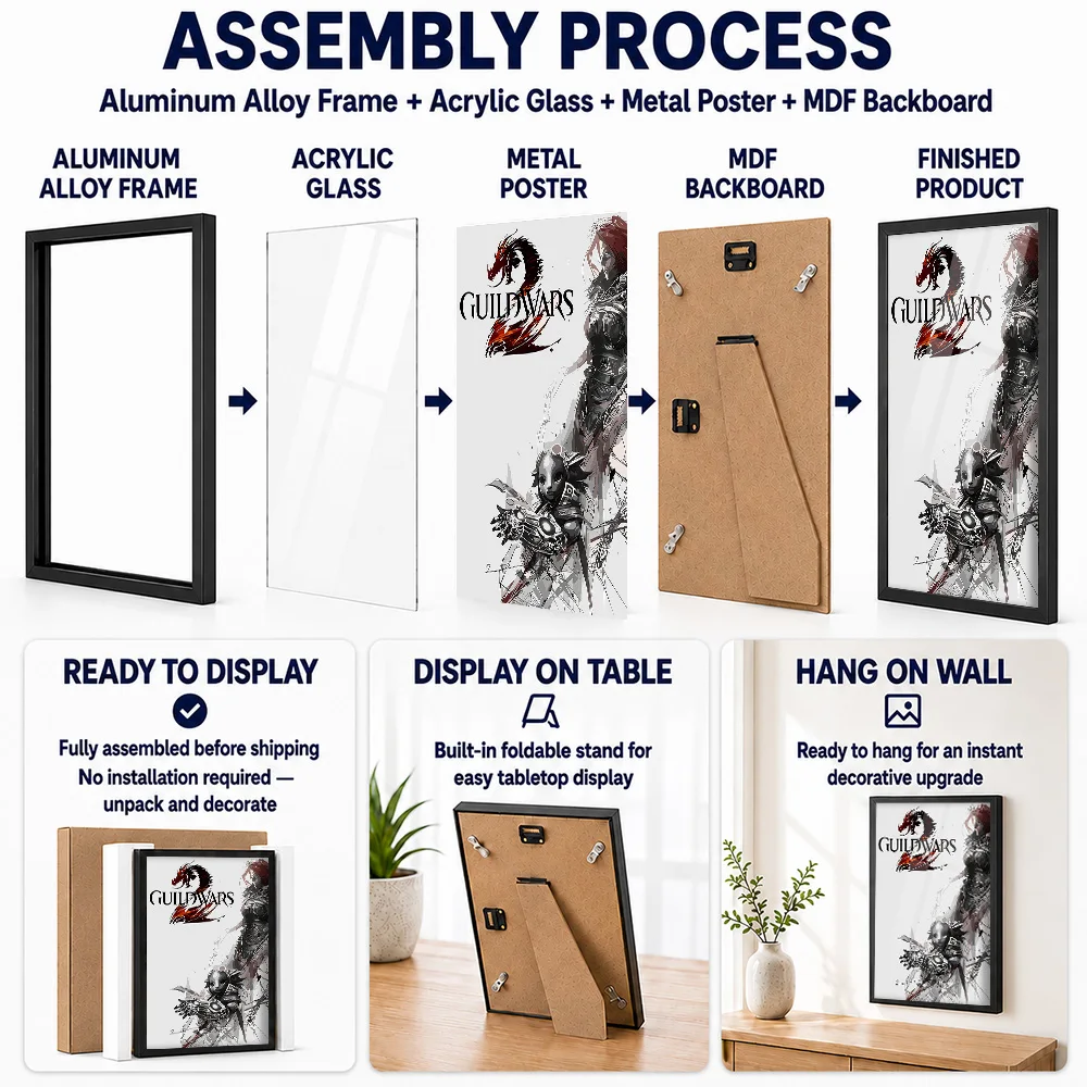 Guild Wars 2 Characters Illustration Framed Aluminum Metal Poster Customized Hero Tribute Wall Art For Players Decorating Studio