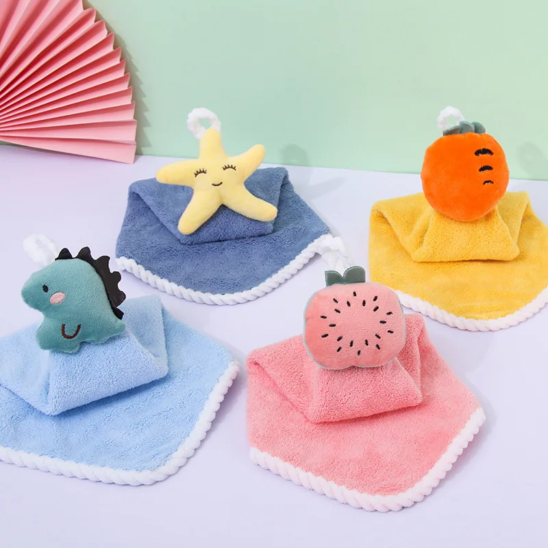 Cute Cartoon Dinosaur Towel for Child Coral Fleece Hangable Thicken Towel  Absorbent Hand Towels Cleaning Cloth Rag Handkerchie