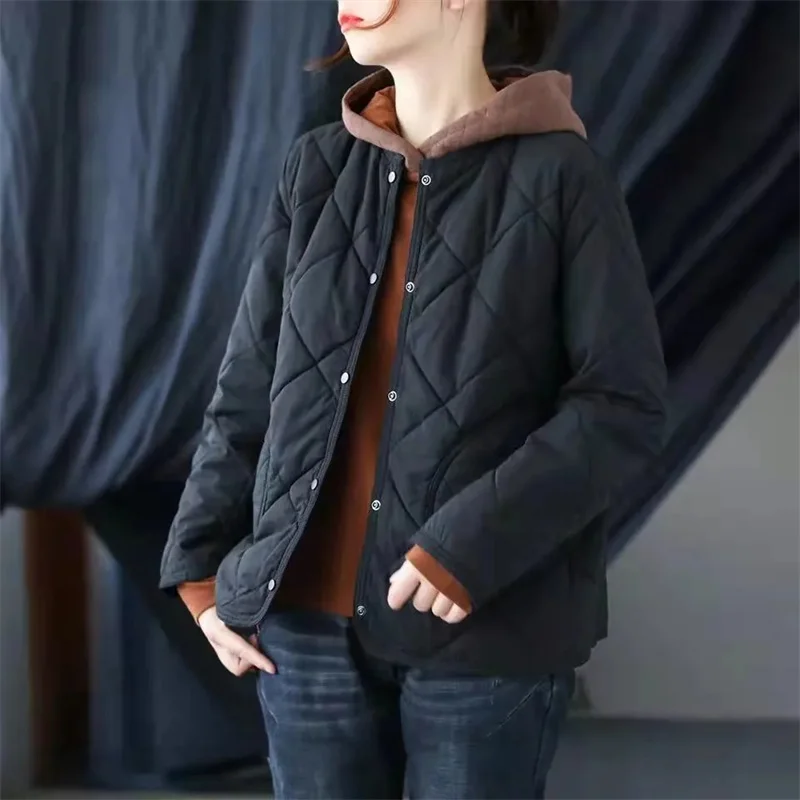 Chaqueta de algodón con cuello redondo para mujer, parka corta, acolchada, cálida, estilo Retro, para otoño e invierno, 2023