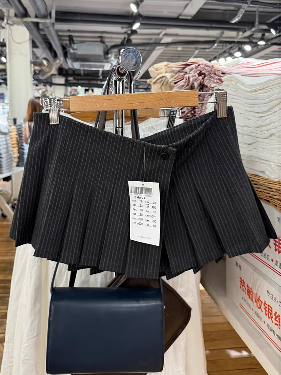 Gray Striped Mini Pleated Skirt Women Summer Buttons Low Waist A-line Short Falda Bottom Preppy Style Casual Sweet Cotton Skirts