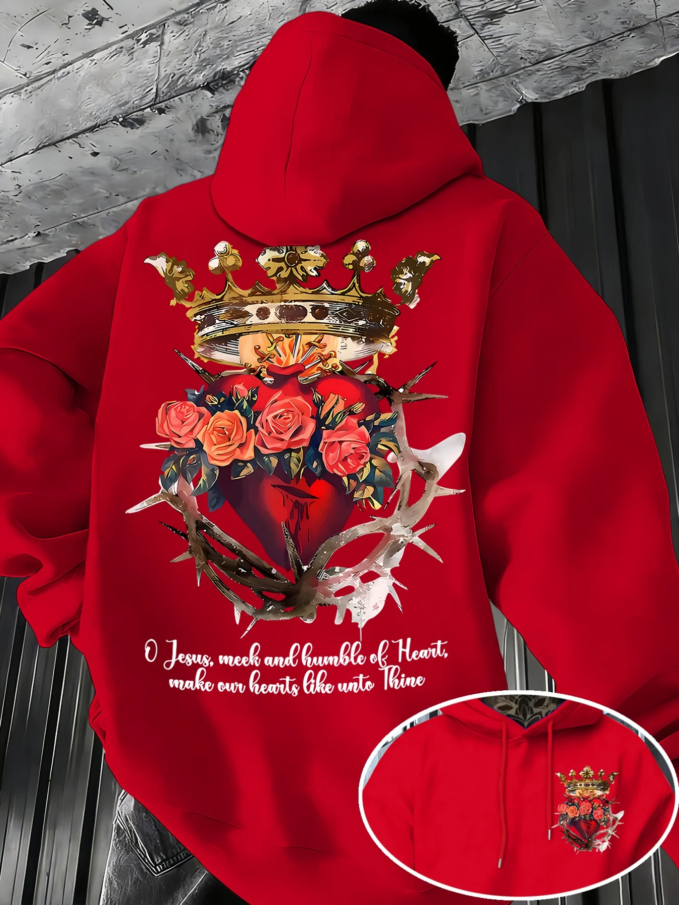 Men's Popular Autumn/winter Floral Crown Print Fleece-lined Hooded Sweatshirt Versatile Sporty Casual Loose Breathable One Piece