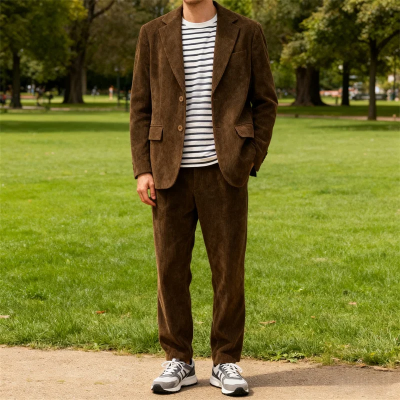 

Vintage Loose Men's Suits Luxury Men Jacket Corduroy Full Man Suit Korean Style 2 Piece Set High Quality Wedding Dresses Clothes