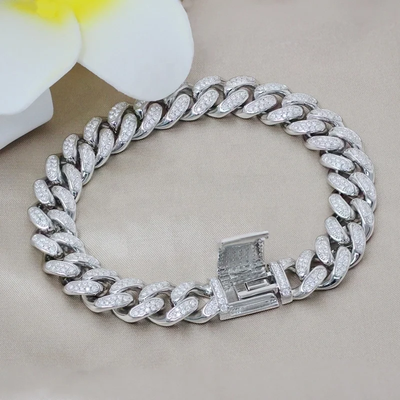 

VVS Iced Out Moissanite Diamond Cuban Bracelet 12mm 925 Sterling Silver Women Men Hip Hop Style Miami Cuban Link Chain