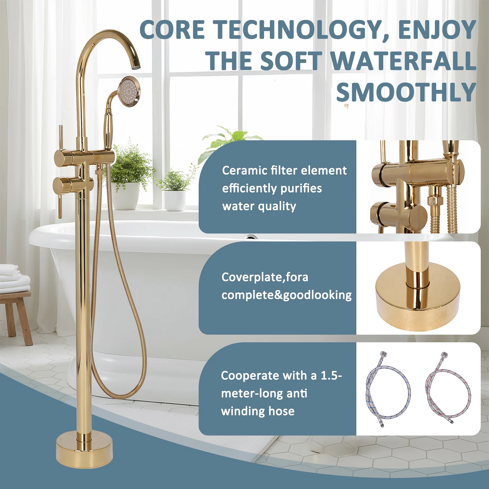 

Elegant Gooseneck Shower Mixer Taps with Hand Sprayer Floor Mounted Mixer Tap Leakproof 360° Rotating Hot & Cold Showers System