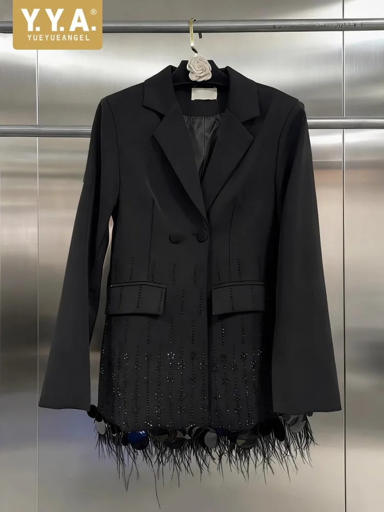

Женский пиджак со страусиными перьями, банкетный пиджак с бриллиантами и блестками, прямой крой, осенняя двубортная верхняя одежда, офисное женское пальто