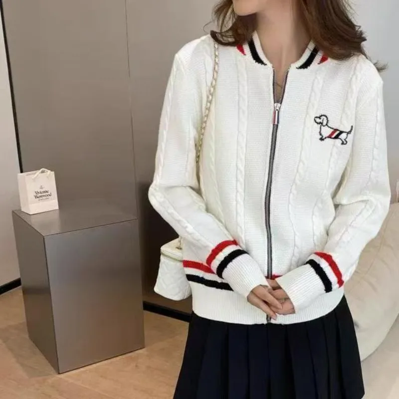 Puppy Embroidery Zipper Korean Golf Sweater Cardigan Women Autumn Winter 2024 New Golf Knit Casual Knit Coat Women Clothing 신상재킷