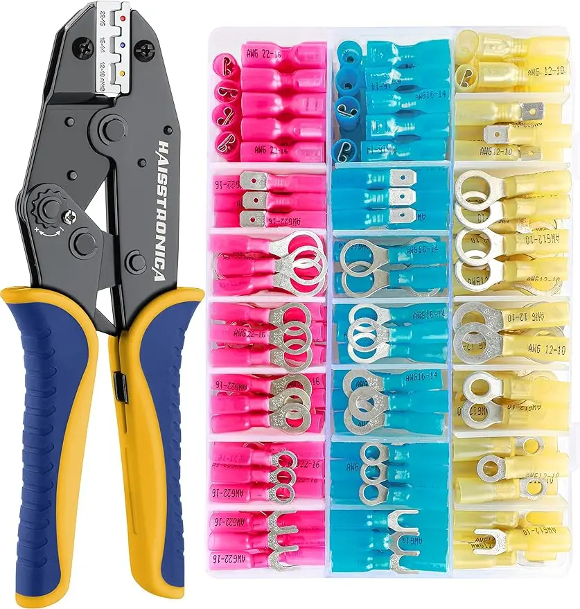 Crimping Tool for Heat Shrink Connectors HS-8327 with 280PCS Marine Grade Heat Shrink Wire ConnectorsTinned Red