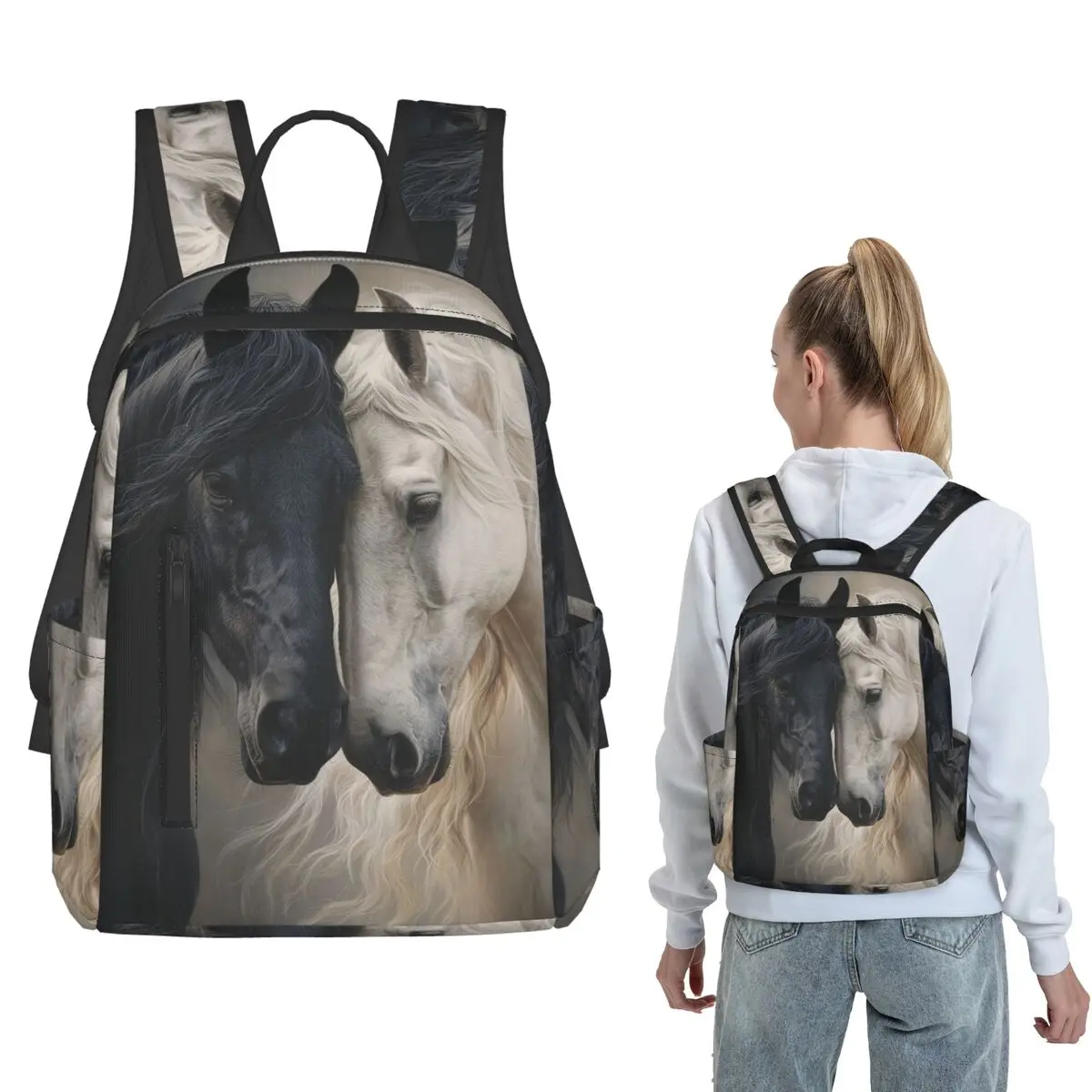 

White Horse And Dark Horse Backpack Daypack Children BookBag School Bag Shoulder Bags for Men Women