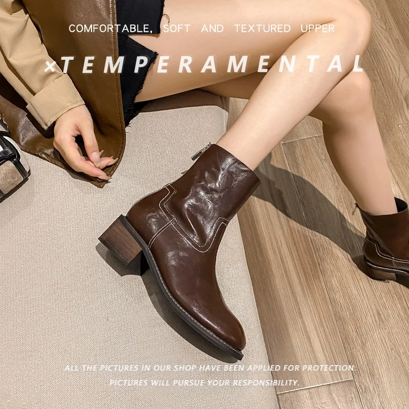 

Thick soled women's boots 2025 autumn and winter new British style brown elevating leather foreign style small ankle shoes