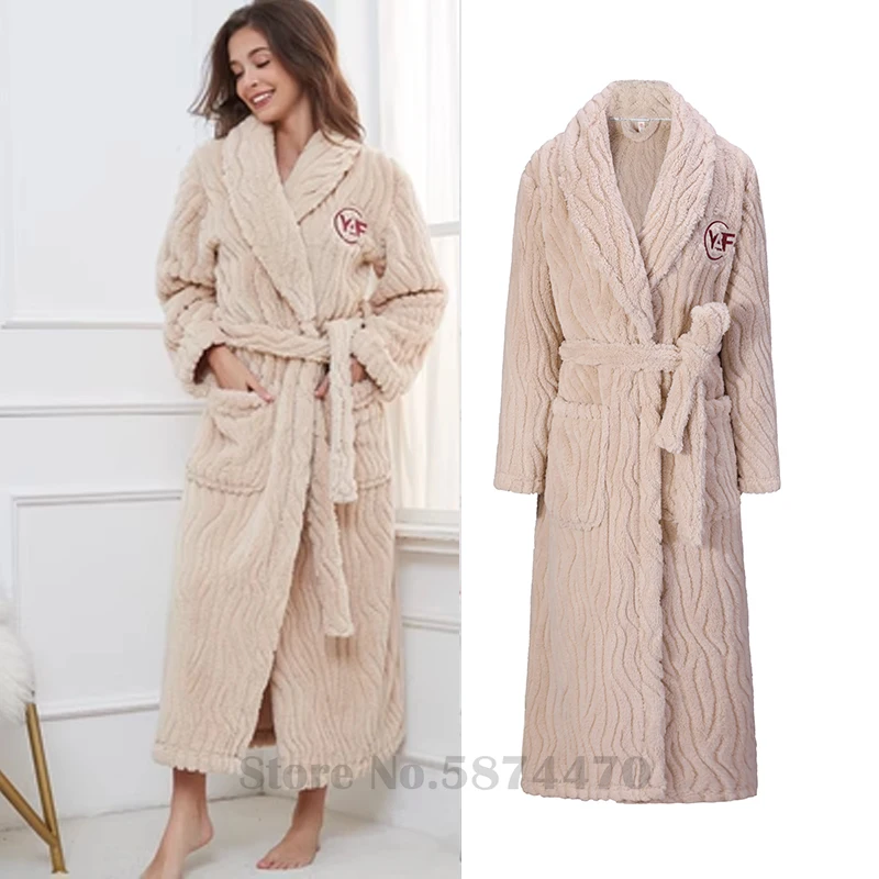 Couple Thickened Flannel Robe Nightgown Autumn Winter New Warm Coral Fleece Women Solid Bathrobe Plus Size Loose Casual Homewear