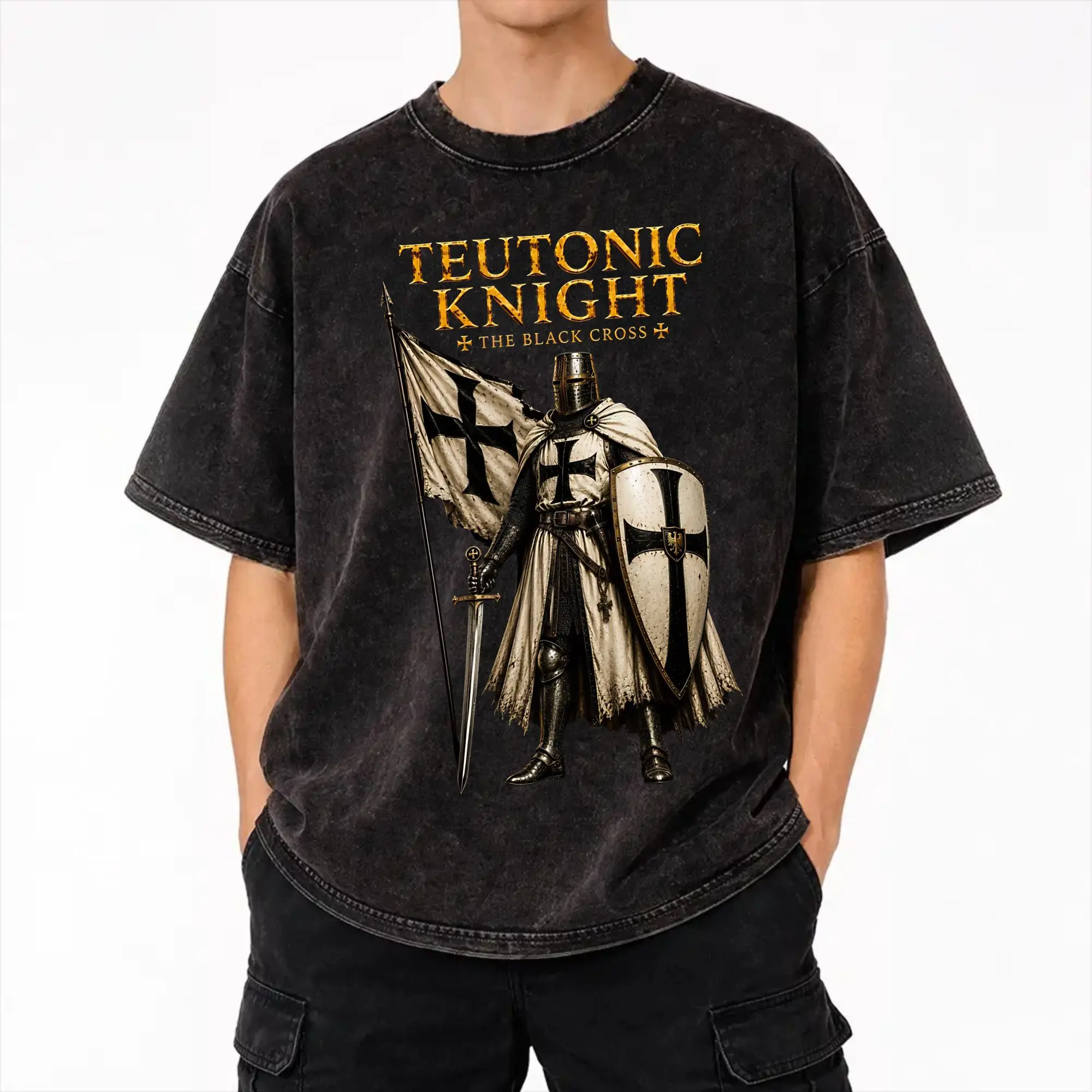 Teutonic Knight Medieval Crusader Warrior Templar Cross Knights Washed T Shirt Streetwear Hip Hop Fashion T-Shirt