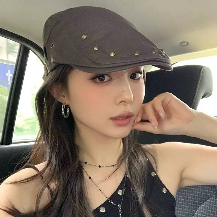 Rivet Retro Forward Hat Women's Spring Autumn Beret Thin Sunshade Sunscreen Spice Girl Versatile Casual Woman Shows Small Face