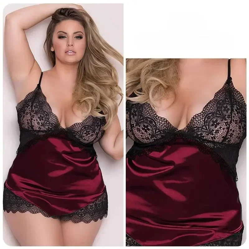 Night Dress Women Plussize Lingerie Sexy Lace Deep V Sexy Color Satin Sexy Underwear Ladies Home Wear Pajamas Underwear 2 Sets