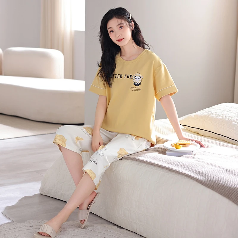 2024 Summer 100% Cotton Cute Short Sleeve Knee Length Pajama Sets for Women Korean Loose Sleepwear Pyjama Homewear Home Clothes