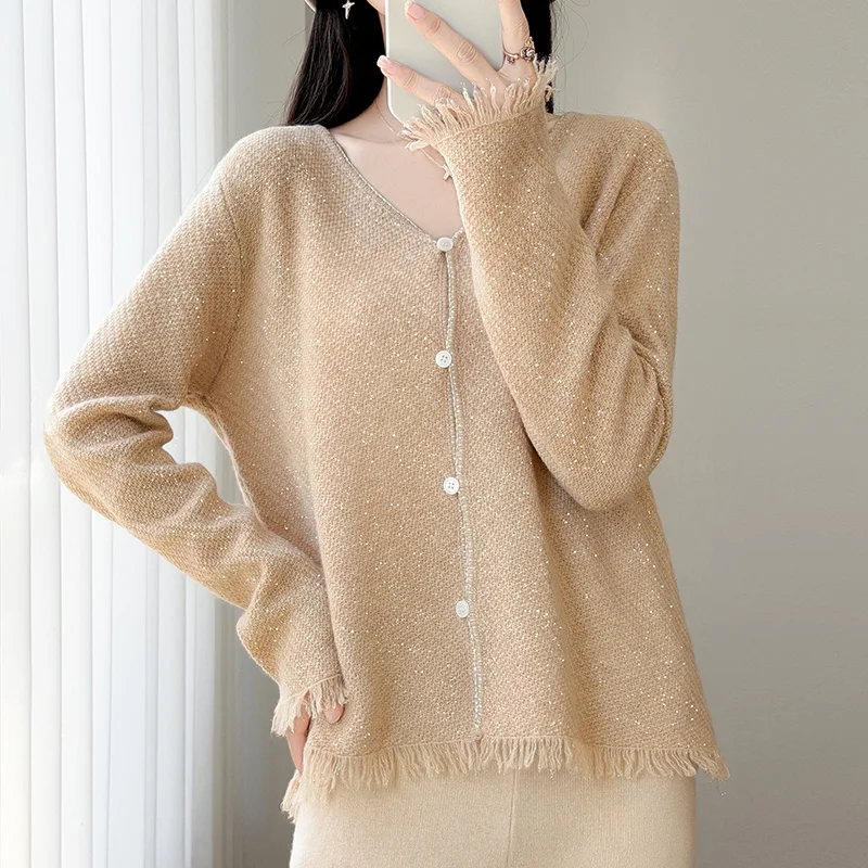 Women's 100%Merino Wool Sweater Cardigan V‑Neck Lurex Sparkle Yarn Construction Silken Smooth Knit Timeless Shiny Knit Outerwear