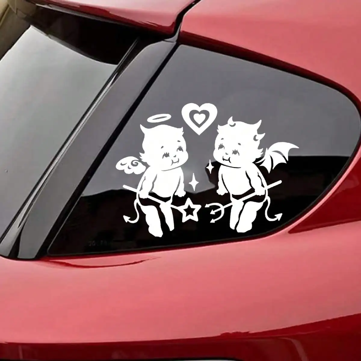 Cartoon Angel Devil Baby Couple Vinyl Car Sticker Waterproof Heart Pattern Decal Car Window Body Decor Car Accessories