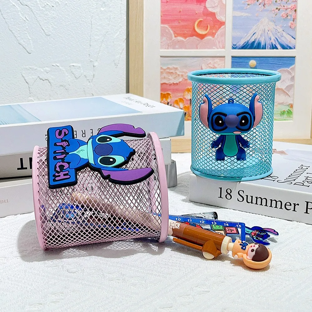Cute Stitch metal pen holder, suitable for student stationery, desktop decoration makeup brush storage box, pencil case for scho