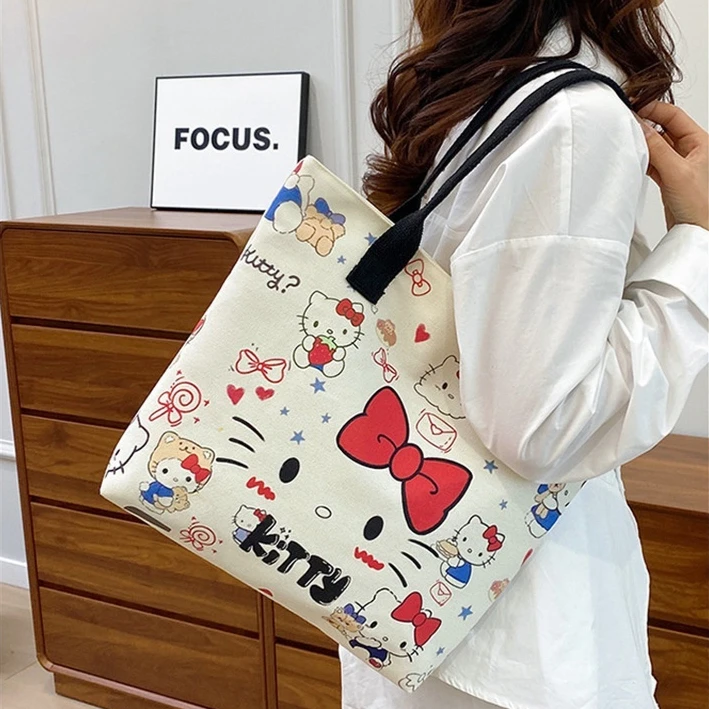 

New Sanrio Hello Kitty Printed Canvas Bag Cute Shopping Cartoon Cute Tote Bag Large Capacity Student Classroom Tutoring Bag