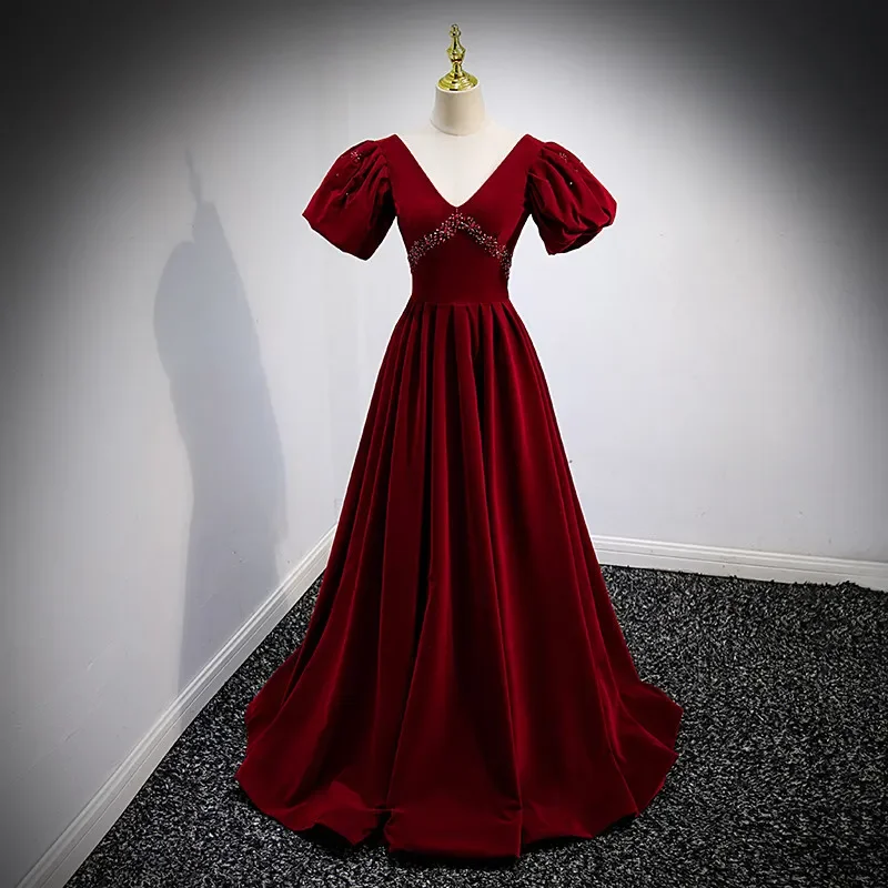 

Customized Evening Dress Burgundy Flannel Short Sleeves V-Neck Beads A-Line Floor-Length Plus size WOman Party Formal Gowns