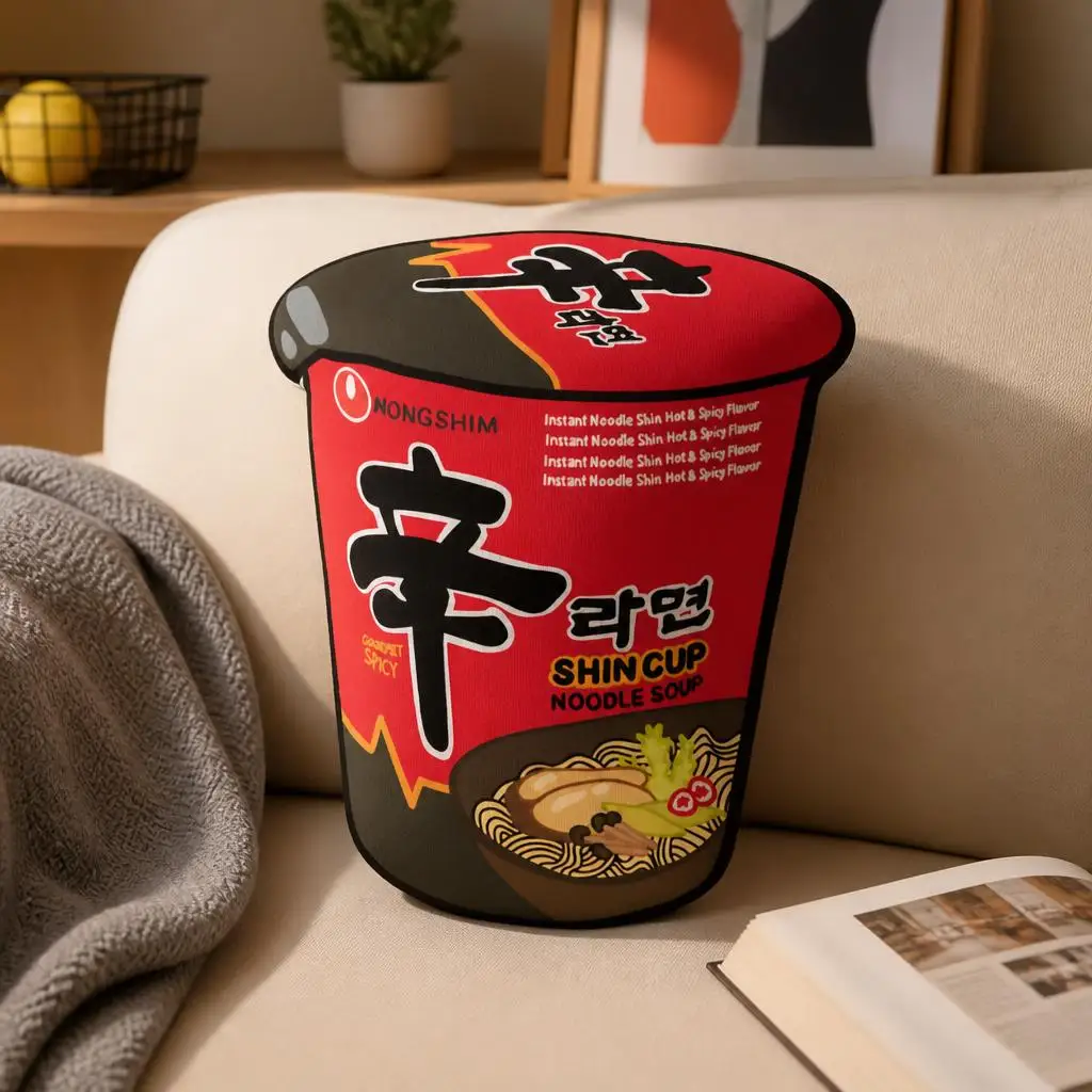 Shin Ramen Cup Shaped Stuffed Throw Pillow Korean Instant Noodle Cushion Spicy Ramen Decor for Sofa Living Room Home Accent