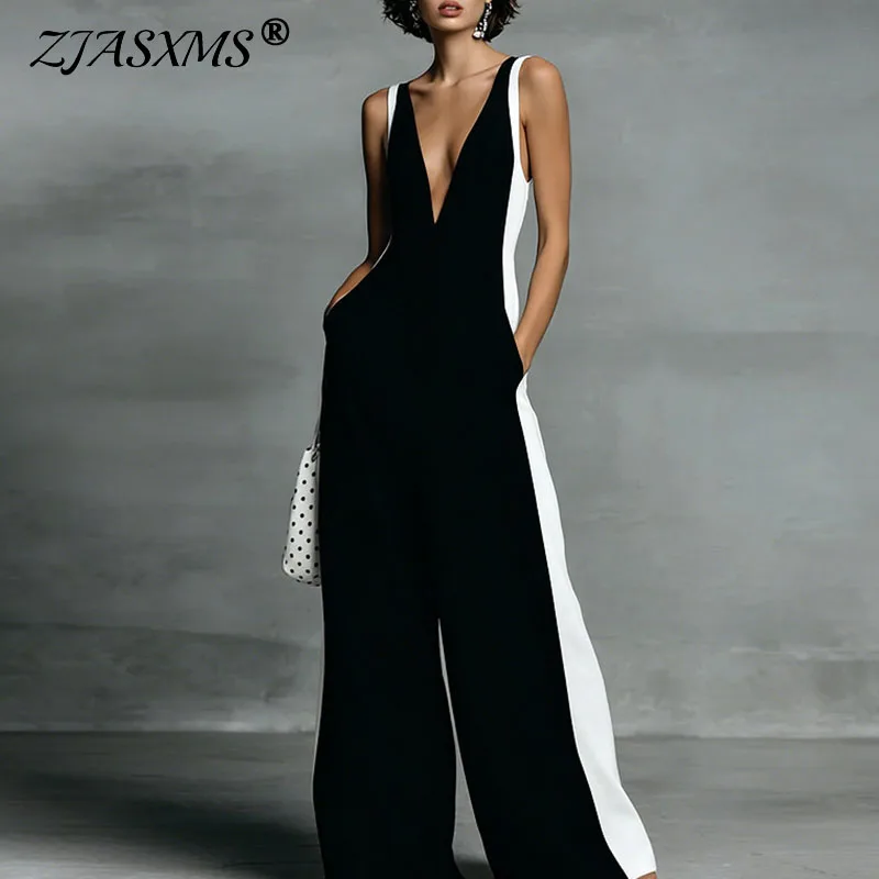 

Новый элегантный женский комбинезон для отпуска без рукавов с глубоким V-образным вырезом, полосатым принтом и вырезами, пляжный ромпер на весну-лето