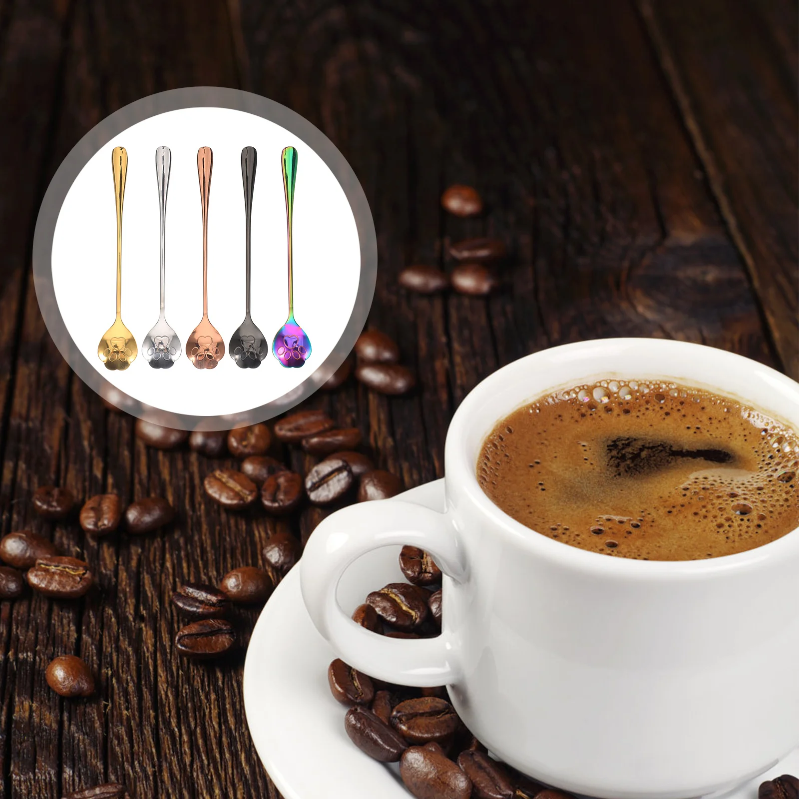 Cuchara de café con forma de gato, cuchara de postre de mango largo de acero inoxidable para Yogurt, azúcar, herramienta para mezclar bebidas, utensilios de cocina, 5 uds.