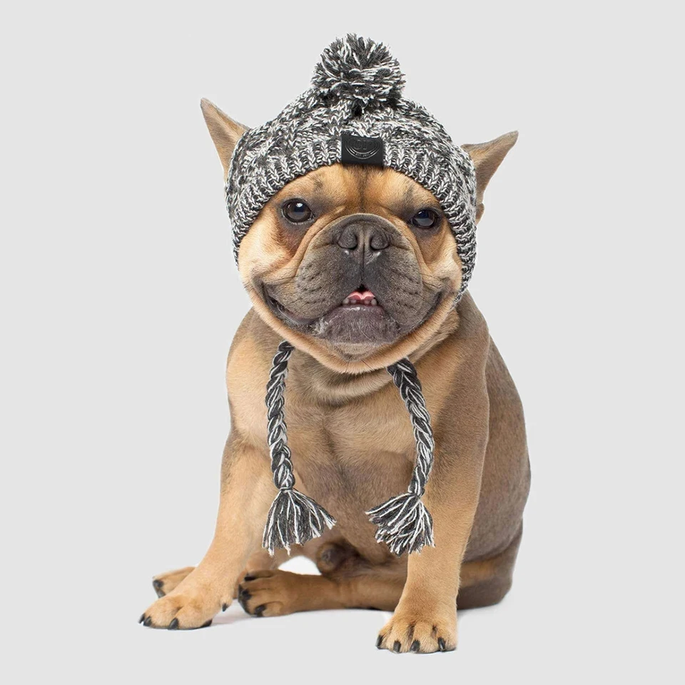 Dualpet Warm Dog Hats Knitting Windproof Hat for Dogs Cats French Bulldog Chihuahua Winter Fluffy Ball Cap Pet Accessories S M L