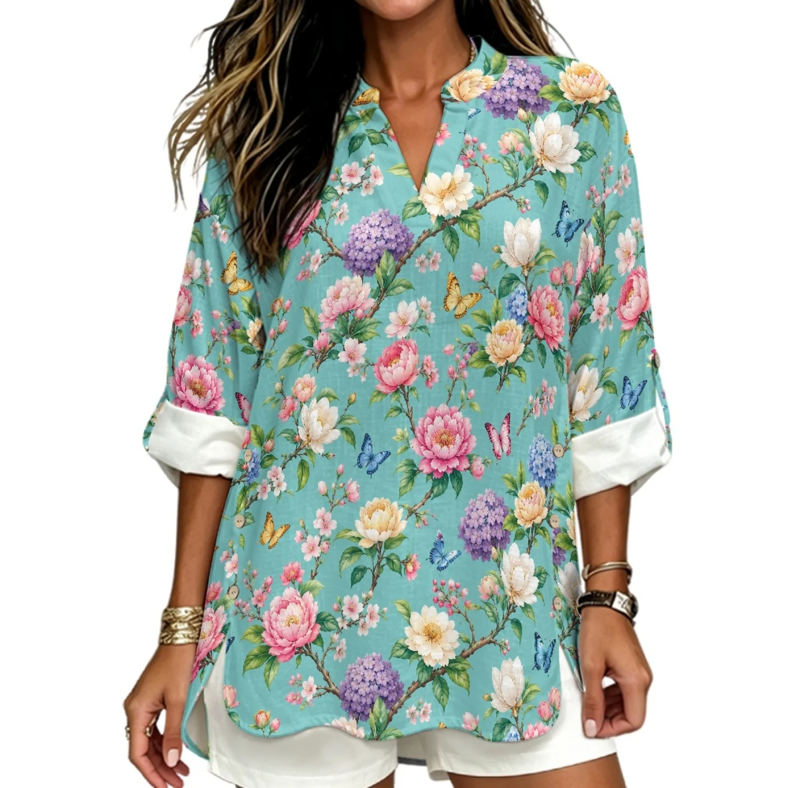 PENSTROLL Floral Butterfly Print Side Slit Women's Blouse for Travel Linen Like Long Sleeve Tops Sizes S-5XL