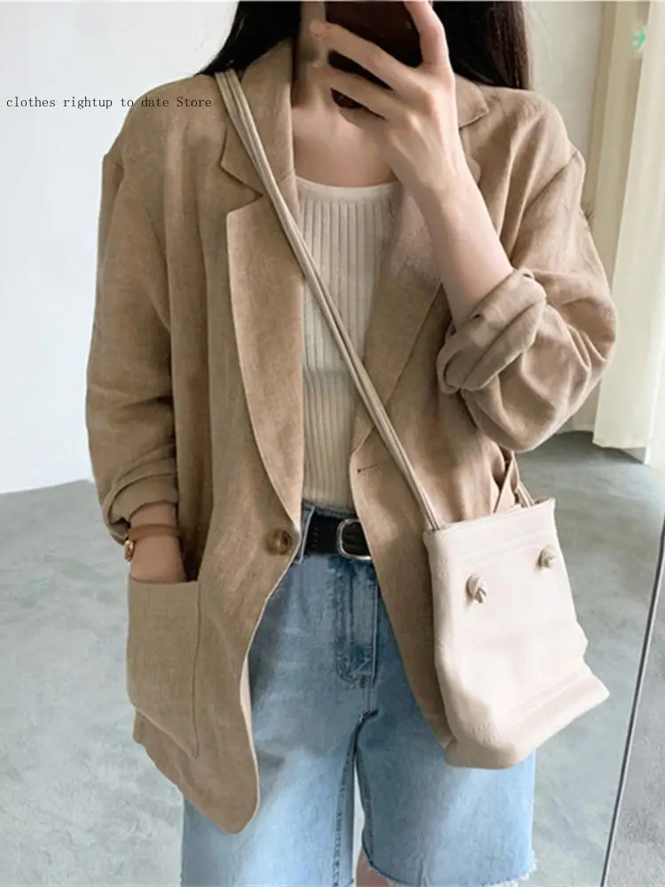 Women\'s Spring and Autumn Suit Jacket Office Commuter Thin Linen Single Button Casual Loose Cotton Linen Small Suit Jacket Women