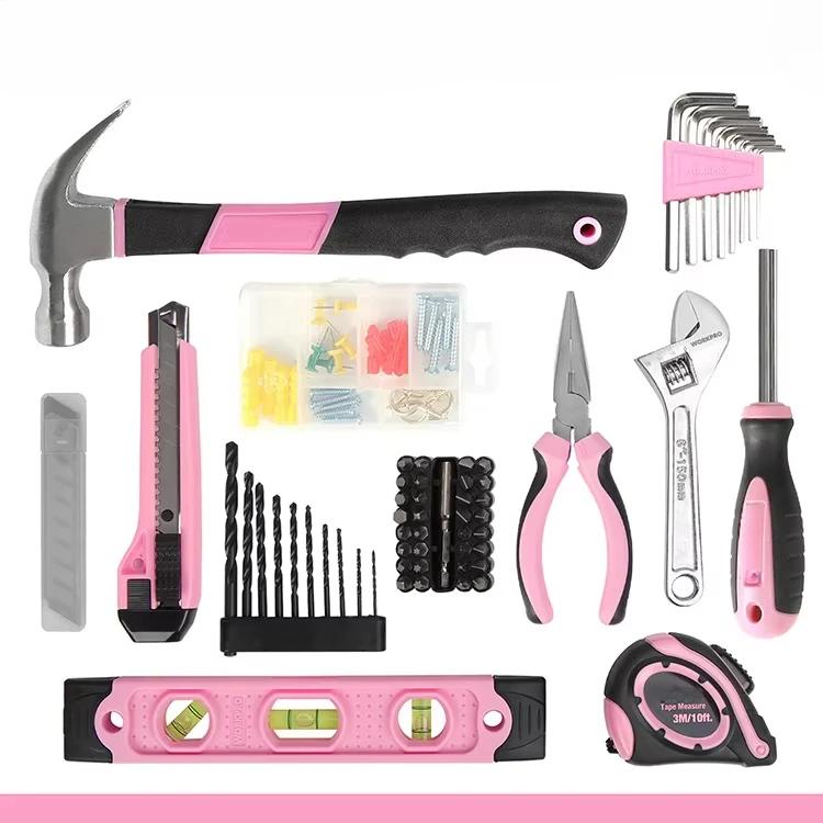 61 Pieces Hand Tool for DIY Home Maintenance 12V Pink Cordless Power Drill Home Tool Kit