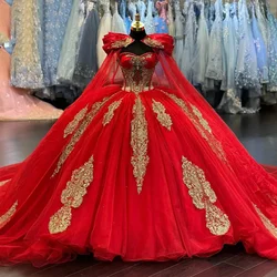 Luxury Red Quinceanera Dresses With Cape Sweetheart Gold Appliques Beads Corset Long Train Sweet 15 16 Years Birthday Party