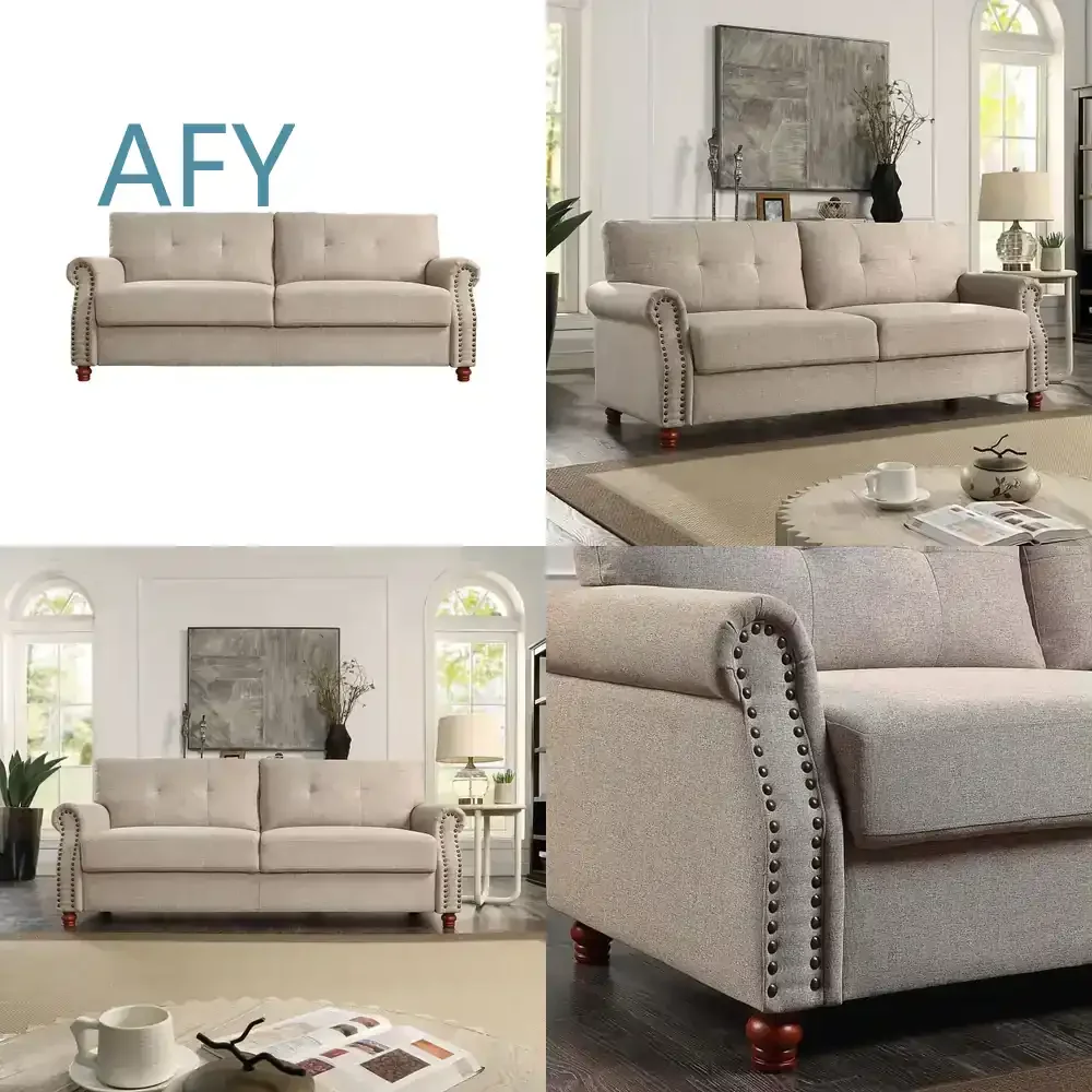 Beige Linen Fabric Upholstered Storage Sofa with Tufted Cushions for Indoor Living Room Furniture Easy Tool-Free Assembly for